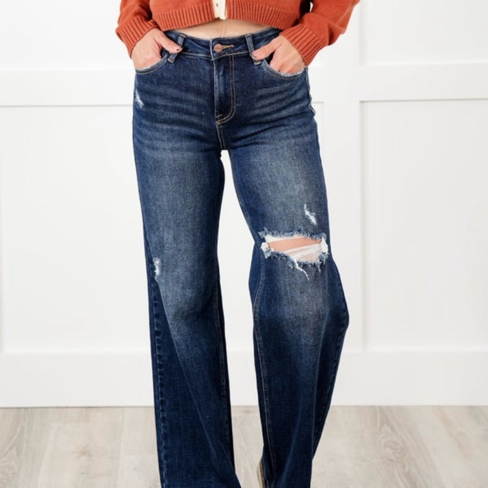 NWT Risen High-Rise Distressed Wide-Leg Jeans in Dark Indigo
